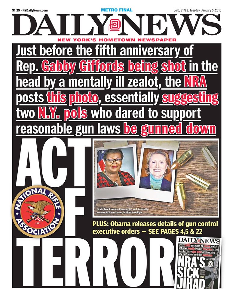 Daily News cover with Jo Anne Simon and Roxanne Persaud as NRA targets